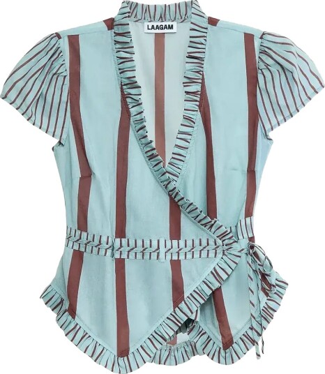 Laagam Atena Turquoise Striped Wrapblouse Blue L Laagam Atena Turquoise Striped Wrapblouse Blue L