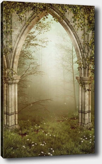 Lerretsbilde 70x100 cm Gotisk portal omgitt av grøntområder og tåke i et mystisk skogsmiljø Grå / Grønn / Beige