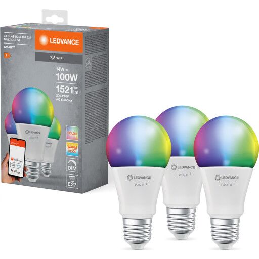 Ledvance Smart+ Wifi E27 standardpære fargeendring + justerbar hvit 14W 3 pak Matt