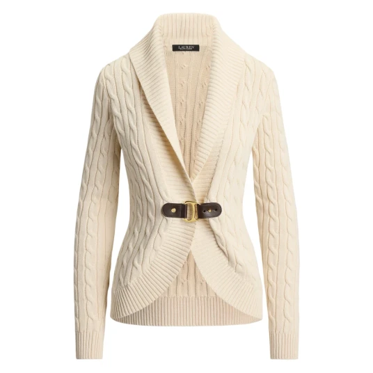 Lauren Ralph Lauren Buckle Trim Cable Shawl Collar Cardigan   Cream   XL