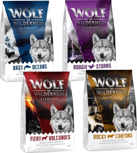 Wolf of Wilderness Adult Elements Tørrfôr Mixpakke And/Lam/Okse/Fisk 4x1kg