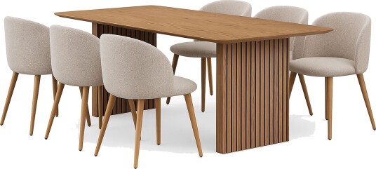 Richeto spisebord 180 cm med 6 Greya spisestoler med armlener - Naturlig finish / Greige bouclé / metallben eik