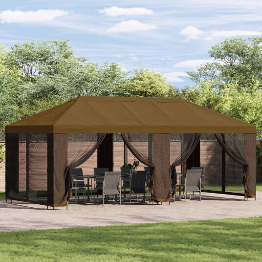  Paviljong med sidevegger 6 x 3 m Gråbrun Polyester og stål 190