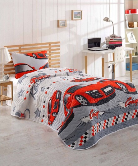 Eponj Home Sengeteppe Enkelt 160x220+Putetrekk Quiltet Rød/Grå/Hvit