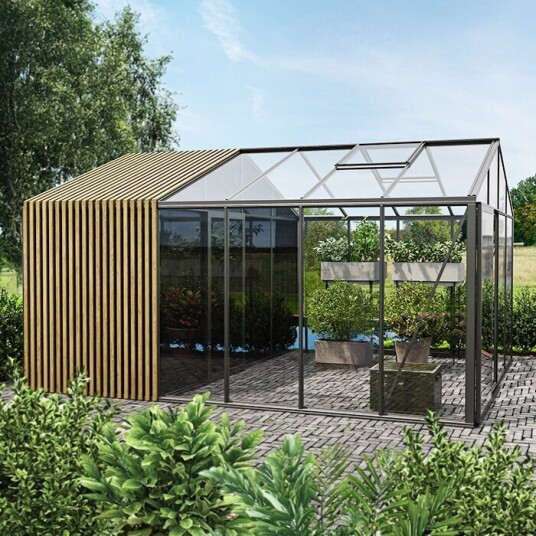 Drivhus i aluminium med lager med accoya designelementer | Aluminium Spesiell Edition Drivhus med innebygd lager
