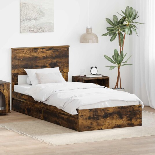 Seng med Oppbevaring Røkt eik 90 x 190 cm Konstruert tre Seng med Oppbevaring Røkt eik 90 x 190 cm Konstruert tre