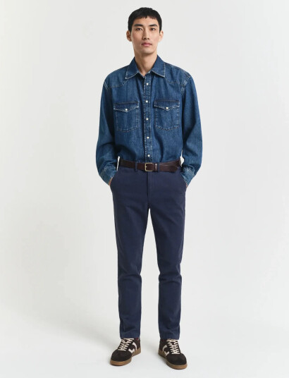 GANT Slim Cotton Herringbone Pants - Blue - 30 x 32