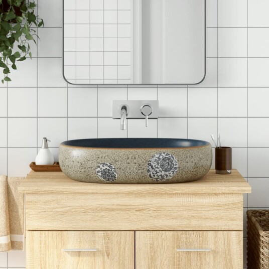 vidaXL Benkeservant sand og blå oval 59x40x14 cm keramikk