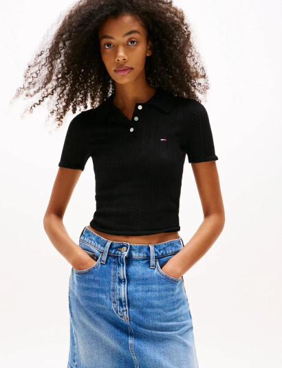 Tommy Jeans Tjw Pointelle Polo - Black - XXS Tommy Jeans Tjw Pointelle Polo - Black - XXS