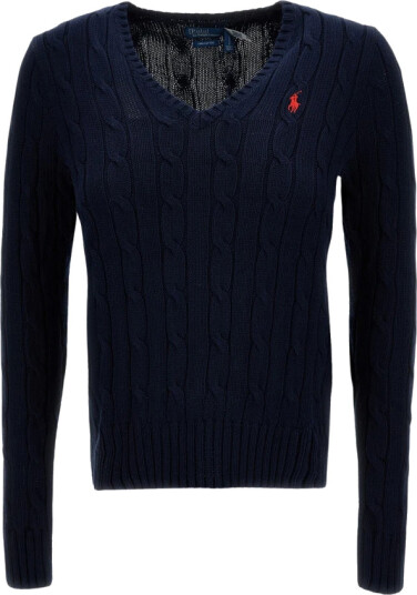 Polo Ralph Lauren Cable-Knit Cotton V-Neck Sweater - Navy - L