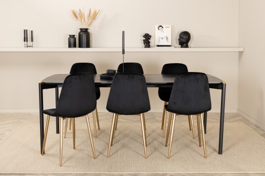 Venture Home Spisegruppe Trym 190 cm inkl. 6 Tommy Fløyelsstoler Svart/Messing