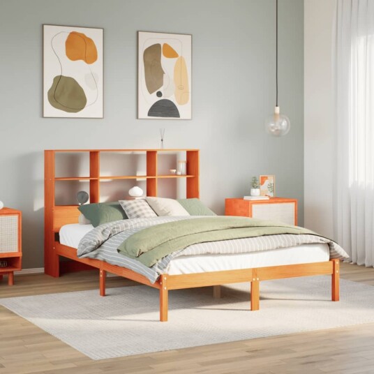  Seng med bokhylle uten madrass voksbrun 150x200 cm heltre furu 8721158603937