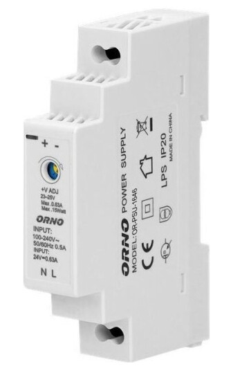 Orno Din-Skinne Strømforsyning 24Vdc, 0,63A, 15W, 1 Modul Bred Orno Din-Skinne Strømforsyning 24Vdc, 0,63A, 15W, 1 Modul Bred