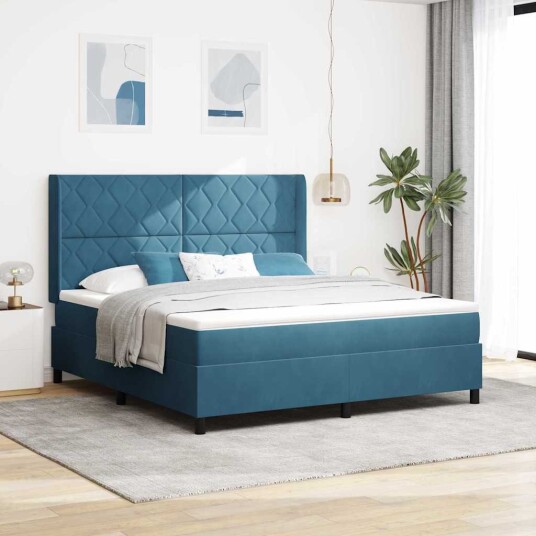  Box Spring Seng med Madrass & LED Mørk Blå 180x200 cm Fløyel