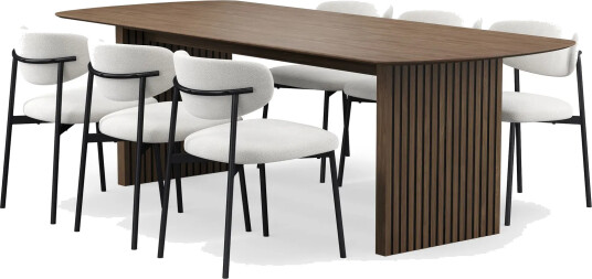 Richeto spisebord 240 cm med 6 Lucy spisestoler - Røkt eik / hvit bouclé