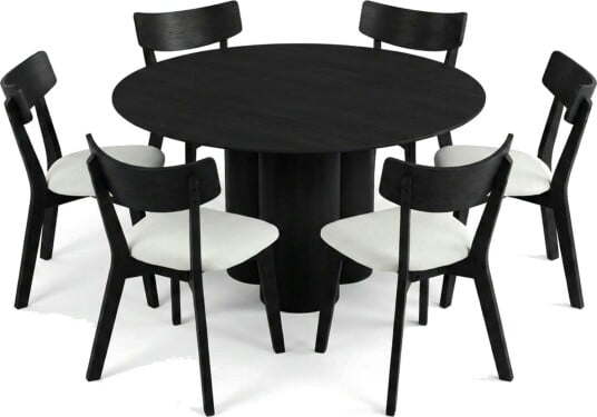 Juno spisegruppe 130 cm rund i svart med 6 Amelia spisestoler med pute Svart/Beige