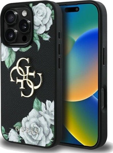 GUESS Grained Roses Big 4G logo iPhone 16 Pro case - black