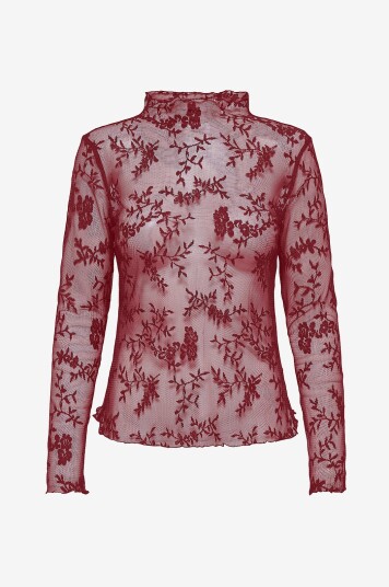 Only - Blondebluse onlLinley LS Lace Top Wvn - Rød