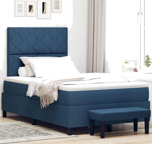 Box Spring Seng med Madrass & Benk Blå 120x200 cm Stoff