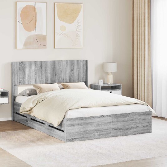 vidaXL Sengramme med oppbevaring og hodegavl Grå sonoma 160 x 200 cm