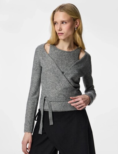 Pieces Pcmaji Ls O Neck Wrap Knit D2D Grey M