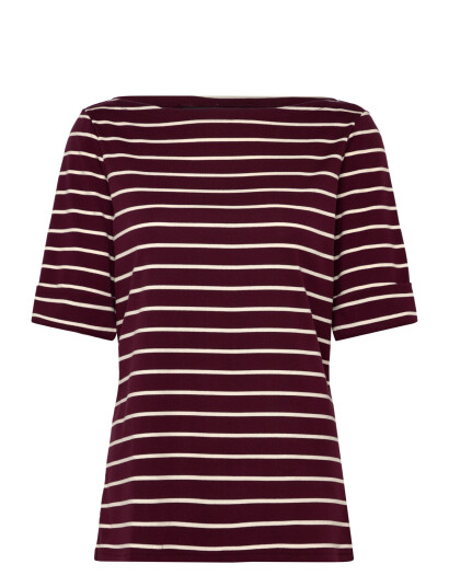 Lauren Ralph Lauren Striped Stretch Cotton Boatneck Tee - Burgundy - S