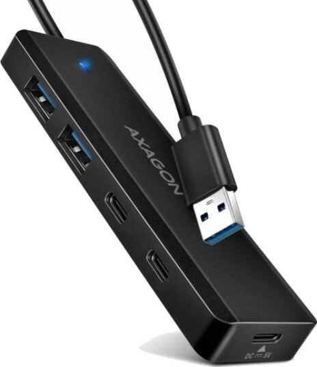 Axagon Hue-C2a, 4× Usb 5Gbps Travel-Hub, 2× Usb-A + 2× Usb-C, Usb-C-Strømforsyning, Usb-A-Kabel 19 Cm