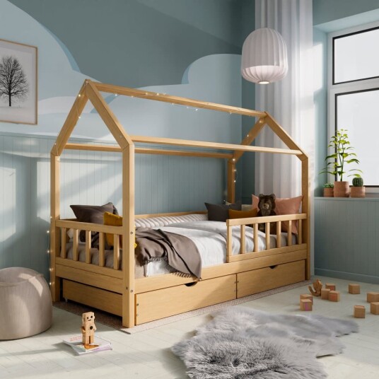 Montessori seng for småbarn i heltre Husseng 90x200 cm med skuffer Montessori seng for småbarn i heltre Husseng 90x200 cm med skuffer