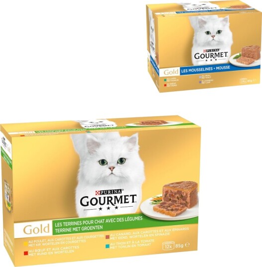 Gourmet Våtfôr Jumbopakke Gold + Fin Pâté Blandet Pakke På Kjøpet Terrine Med Grønnsaker + Blandet Kjøtt Kanin Kalv Lam Okse 96 X 85 G 24 X 85 G 96 X 85 G 24 X 85 G