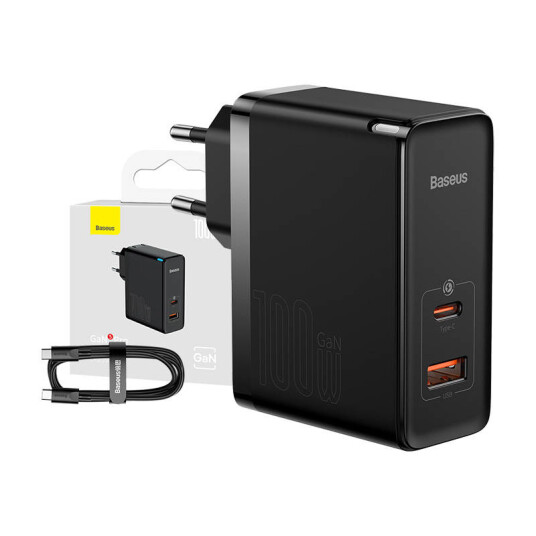Baseus GaN5 Pro 2-ports USB/USB-C 100W PD Mac-lader - svart Baseus GaN5 Pro 2-ports USB/USB-C 100W PD Mac-lader - svart