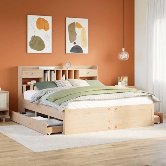 Seng med bokhylle uten madrass 200x200 cm heltre furu 8721158383877