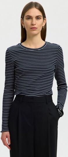 Selected Slwanna Ls Crew Neck Tee Str Noos Navy XS
