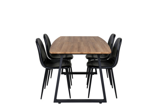 IncaNABL spisegruppe spisebord uttrekksbord lengde cm 160 / 200 el tre dekor og 4 Polar spisestuestoler PU kunstskinn svart PU kunstskinn.