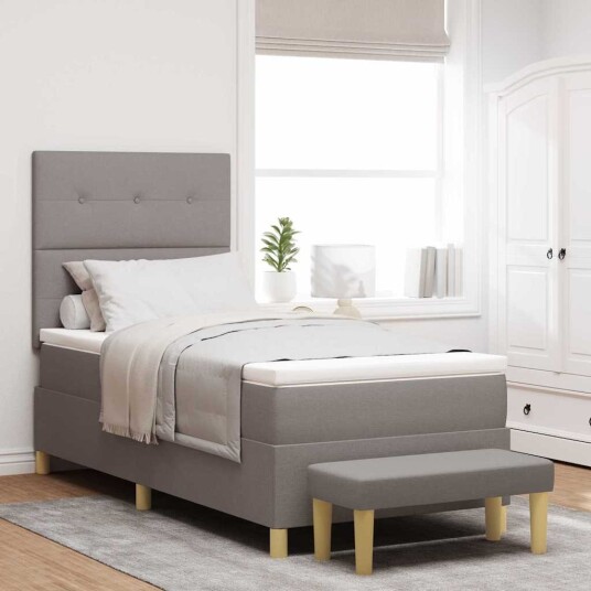 Bokfjæring Seng med Madrass & Benk Taupe 90x190 cm Stoff