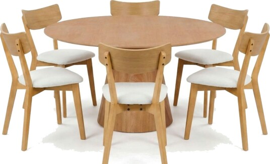 Siena spisegruppe 150 cm rund i eik med 6 Amelia spisestoler med pute Eik/Beige