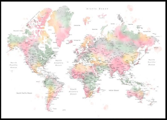 Pastel watercolor world map with cities Poster Plakat / 50x70cm Pastel watercolor world map with cities Poster Plakat / 50x70cm