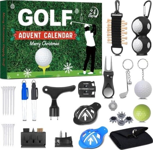 Adventskalender Golf 2025 – 24 dagers julekalender med baller pegger og markører julegave til pappa menn og tenåringer