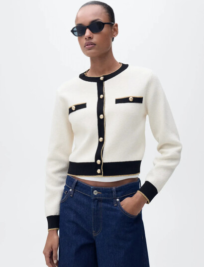 Mango Knitted Cardigan With Double Trim - Beige - S