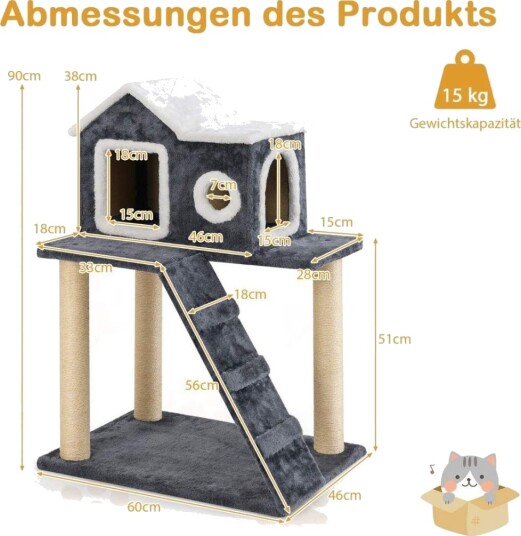 Cwy 90 cm Høy Skrapestolpe Med Stor Hule Og Stige Og Sisalstolper Cat Tree Klatretre Grå Cwy 90 cm Høy Skrapestolpe Med Stor Hule Og Stige Og Sisalstolper Cat Tree Klatretre Grå