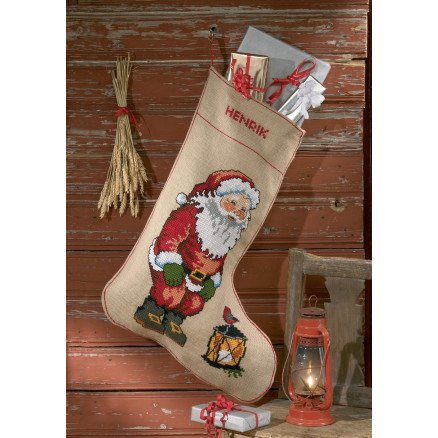 Permin Broderisett Jute Julestrømpe XL Julenisse med Lykt 57x80cm