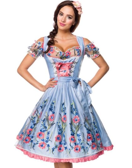 Lys Blå Dirndl Oktoberfestkjole i Luksuskvalitet med Utformet Blomster på Forkle Strl XS
