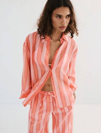 Mango Linen Lyocell Blend Stripe Shirt Orange L Mango Linen Lyocell Blend Stripe Shirt Orange L