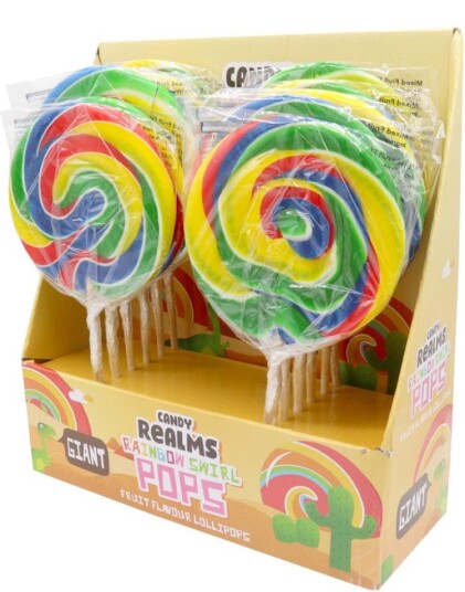 12 stk Rainbow Swirl Pops   Stor Rund Regnbuefarget Kjærlighet   Candy Realms   Hel Eske 1,5 kg