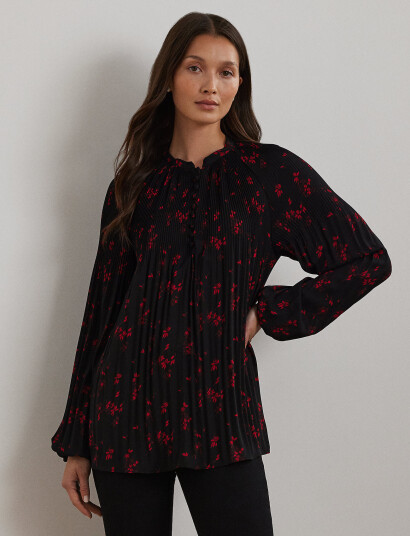Lauren Ralph Lauren Floral Pleated Georgette Blouse Black XS Lauren Ralph Lauren Floral Pleated Georgette Blouse Black XS