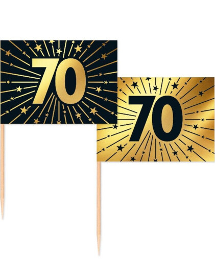 50 Stk 70 år Mat/Kakeflagg 6,5 cm - Svart og Gull 50 Stk 70 år Mat/Kakeflagg 6,5 cm - Svart og Gull