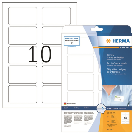 HERMA Name/textile labels removable A4 80 x 50 mm separable white made of acetate silk printable