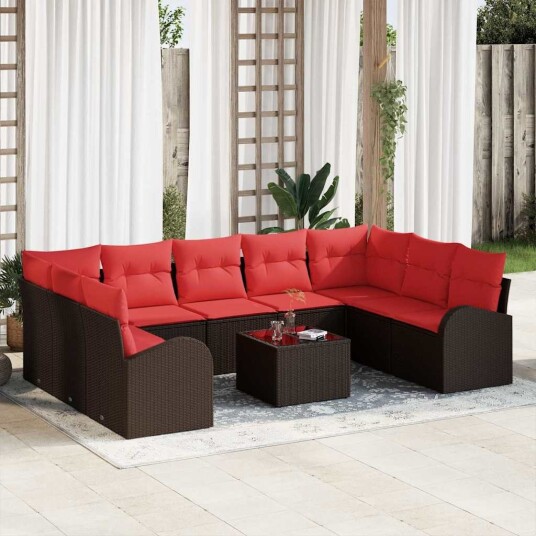 vidaXL Hagesofa Set med pute 10 pcs Brun og rød polyrotting