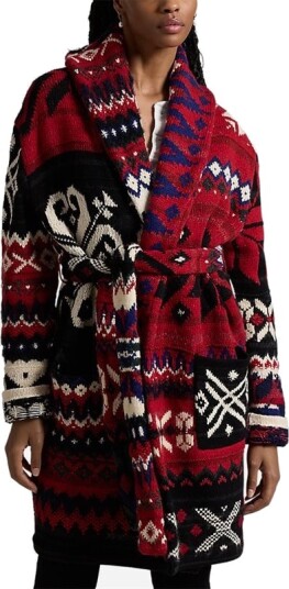 Ralph Lauren Snowflake-Motif Shawl-Collar Cardigan Red Multi