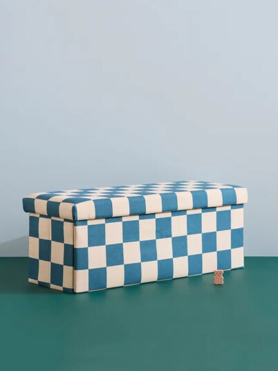 Kid"s Concept Pouffe With Storage Check Teal 80 Cm   Blue   ONE SIZE