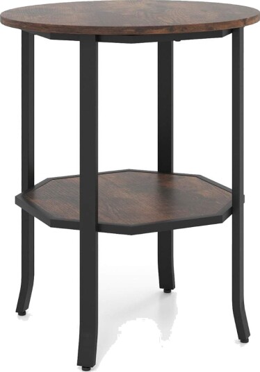 Rundt industrielt sidebord med hylle – rustikk brun